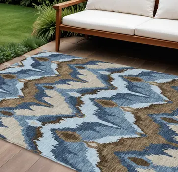 9' X 12' Denim Blue And Sky Blue Ikat Washable Indoor Outdoor Area Rug