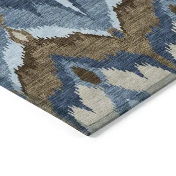 9' X 12' Denim Blue And Sky Blue Ikat Washable Indoor Outdoor Area Rug