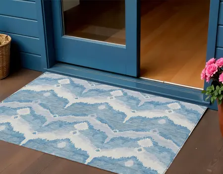 3' X 5' Denim Blue Sky Blue And Ivory Ikat Washable Indoor Outdoor Area Rug