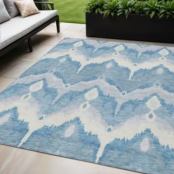5' X 8' Denim Blue Sky Blue And Ivory Ikat Washable Indoor Outdoor Area Rug