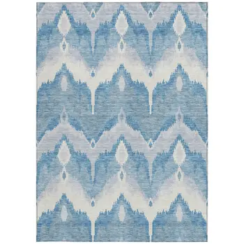 8' X 10' Denim Blue Sky Blue And Ivory Ikat Washable Indoor Outdoor Area Rug