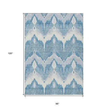 8' X 10' Denim Blue Sky Blue And Ivory Ikat Washable Indoor Outdoor Area Rug