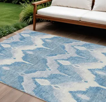 8' X 10' Denim Blue Sky Blue And Ivory Ikat Washable Indoor Outdoor Area Rug
