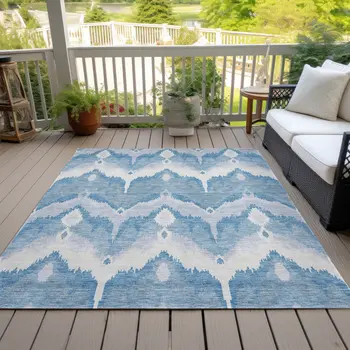8' X 10' Denim Blue Sky Blue And Ivory Ikat Washable Indoor Outdoor Area Rug