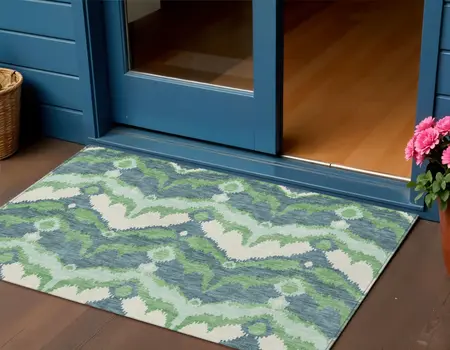 3' X 5' Green Ivory And Blue Ikat Washable Indoor Outdoor Area Rug