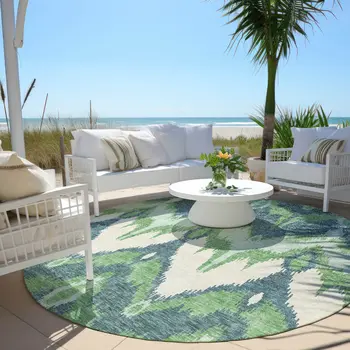 8' Green Ivory And Blue Round Ikat Washable Indoor Outdoor Area Rug