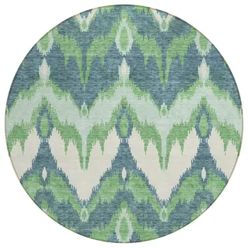 8' Green Ivory And Blue Round Ikat Washable Indoor Outdoor Area Rug