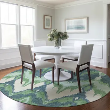 8' Green Ivory And Blue Round Ikat Washable Indoor Outdoor Area Rug