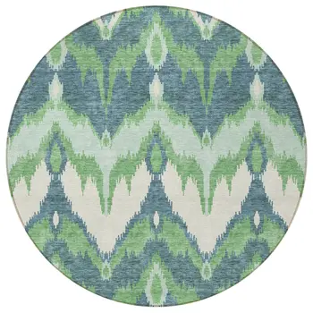 8' Green Ivory And Blue Round Ikat Washable Indoor Outdoor Area Rug