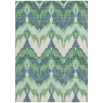 8' X 10' Green Ivory And Blue Ikat Washable Indoor Outdoor Area Rug