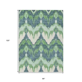 8' X 10' Green Ivory And Blue Ikat Washable Indoor Outdoor Area Rug