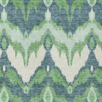 8' X 10' Green Ivory And Blue Ikat Washable Indoor Outdoor Area Rug