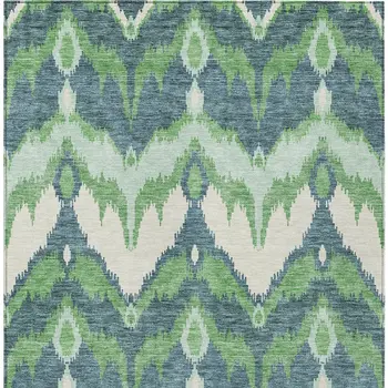 9' X 12' Green Ivory And Blue Ikat Washable Indoor Outdoor Area Rug