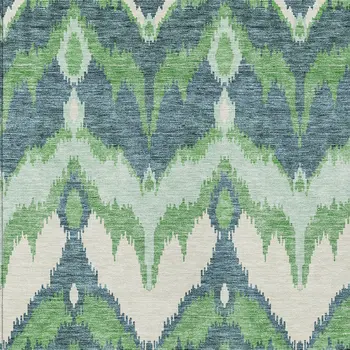 9' X 12' Green Ivory And Blue Ikat Washable Indoor Outdoor Area Rug