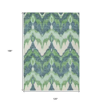 10' X 14' Green Ivory And Blue Ikat Washable Indoor Outdoor Area Rug
