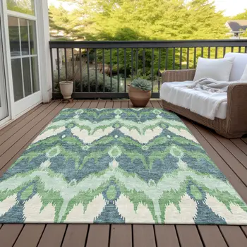 10' X 14' Green Ivory And Blue Ikat Washable Indoor Outdoor Area Rug