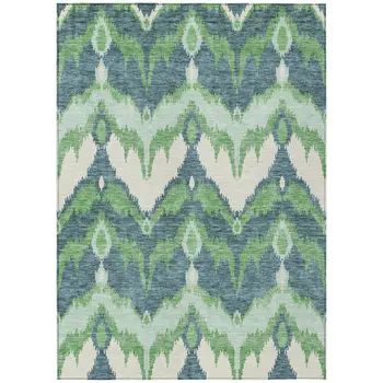 10' X 14' Green Ivory And Blue Ikat Washable Indoor Outdoor Area Rug