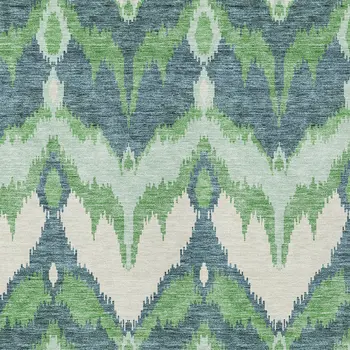 10' X 14' Green Ivory And Blue Ikat Washable Indoor Outdoor Area Rug