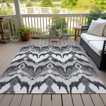 3' X 5' Gray Silver And Charcoal Ikat Washable Indoor Outdoor Area Rug