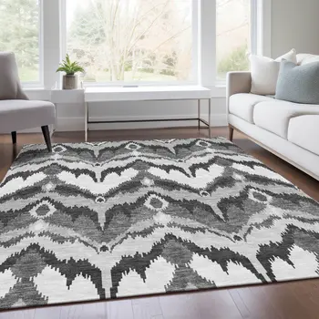 3' X 5' Gray Silver And Charcoal Ikat Washable Indoor Outdoor Area Rug
