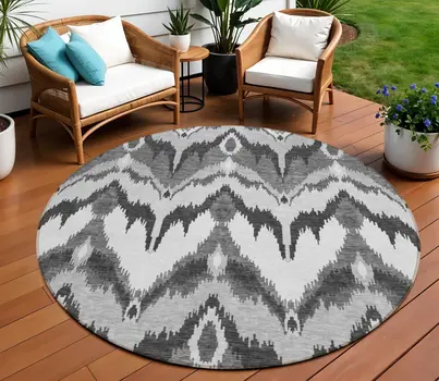 8' Gray Silver And Charcoal Round Ikat Washable Indoor Outdoor Area Rug