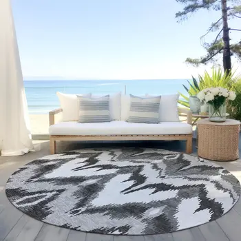 8' Gray Silver And Charcoal Round Ikat Washable Indoor Outdoor Area Rug