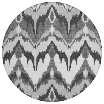 8' Gray Silver And Charcoal Round Ikat Washable Indoor Outdoor Area Rug