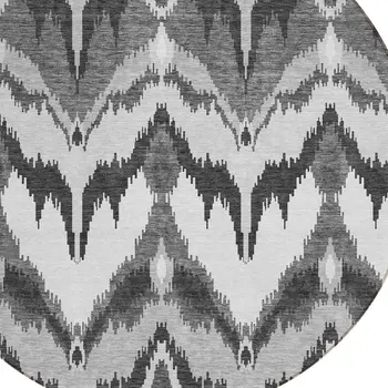 8' Gray Silver And Charcoal Round Ikat Washable Indoor Outdoor Area Rug