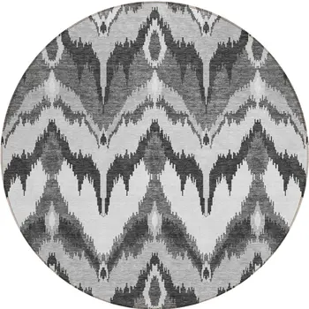 8' Gray Silver And Charcoal Round Ikat Washable Indoor Outdoor Area Rug