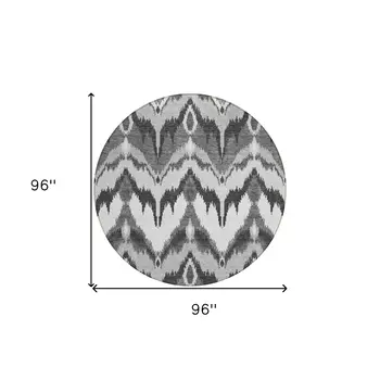 8' Gray Silver And Charcoal Round Ikat Washable Indoor Outdoor Area Rug