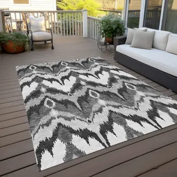 8' X 10' Gray Silver And Charcoal Ikat Washable Indoor Outdoor Area Rug