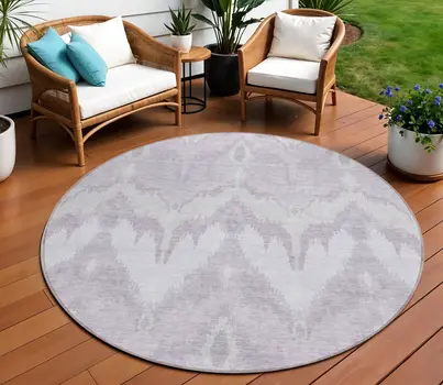 8' Lavender Purple And Gray Round Ikat Washable Indoor Outdoor Area Rug