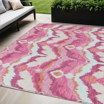 5' X 8' Pink Mauve And Orange Ikat Washable Indoor Outdoor Area Rug