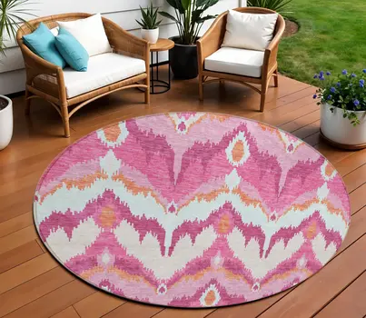 8' Pink Mauve And Orange Round Ikat Washable Indoor Outdoor Area Rug