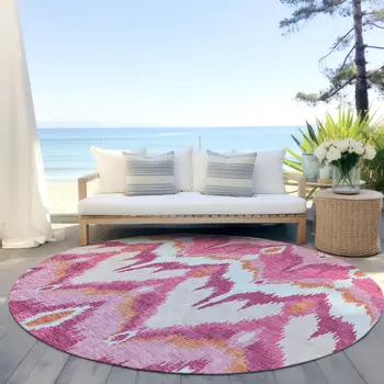 8' Pink Mauve And Orange Round Ikat Washable Indoor Outdoor Area Rug