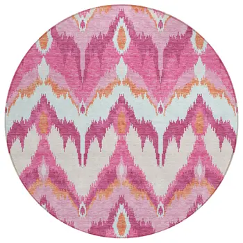 8' Pink Mauve And Orange Round Ikat Washable Indoor Outdoor Area Rug
