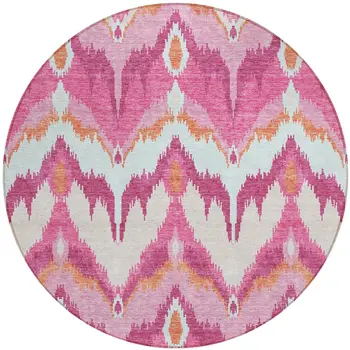 8' Pink Mauve And Orange Round Ikat Washable Indoor Outdoor Area Rug