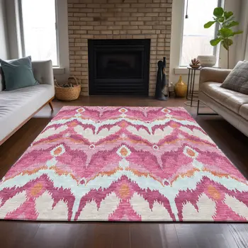 10' X 14' Pink Mauve And Orange Ikat Washable Indoor Outdoor Area Rug
