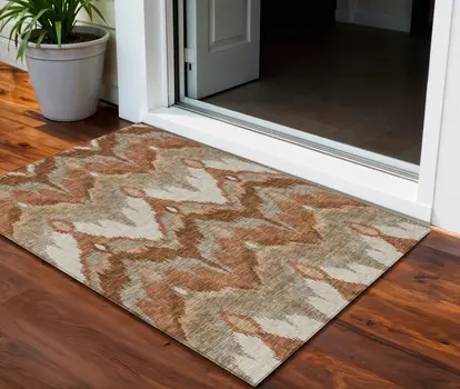 3' X 5' Orange Beige And Copper Ikat Washable Indoor Outdoor Area Rug