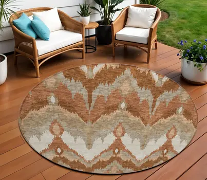 8' Orange Beige And Copper Round Ikat Washable Indoor Outdoor Area Rug