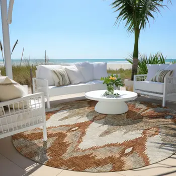 8' Orange Beige And Copper Round Ikat Washable Indoor Outdoor Area Rug