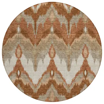 8' Orange Beige And Copper Round Ikat Washable Indoor Outdoor Area Rug