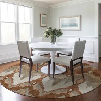 8' Orange Beige And Copper Round Ikat Washable Indoor Outdoor Area Rug