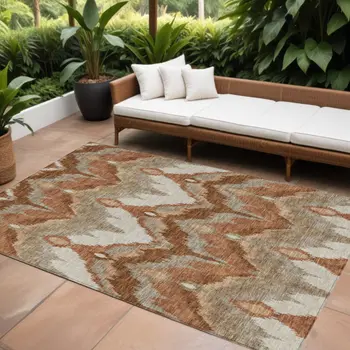 8' X 10' Orange Beige And Copper Ikat Washable Indoor Outdoor Area Rug