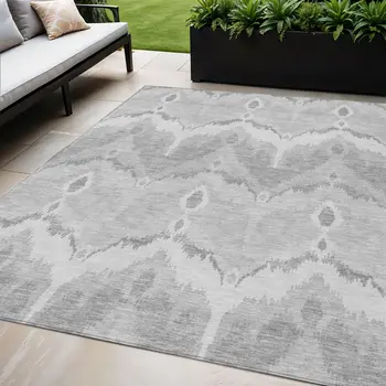 5' X 8' Silver And Gray Ikat Washable Indoor Outdoor Area Rug