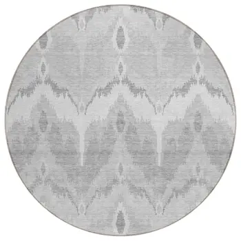8' Silver And Gray Round Ikat Washable Indoor Outdoor Area Rug