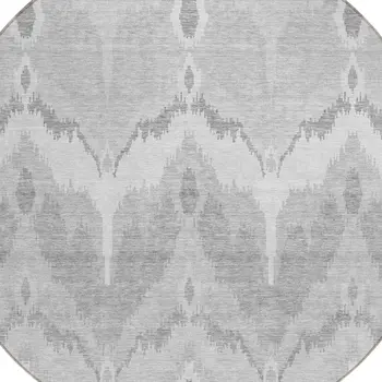 8' Silver And Gray Round Ikat Washable Indoor Outdoor Area Rug
