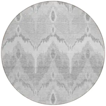 8' Silver And Gray Round Ikat Washable Indoor Outdoor Area Rug