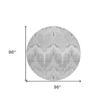 8' Silver And Gray Round Ikat Washable Indoor Outdoor Area Rug