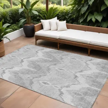 8' X 10' Silver And Gray Ikat Washable Indoor Outdoor Area Rug